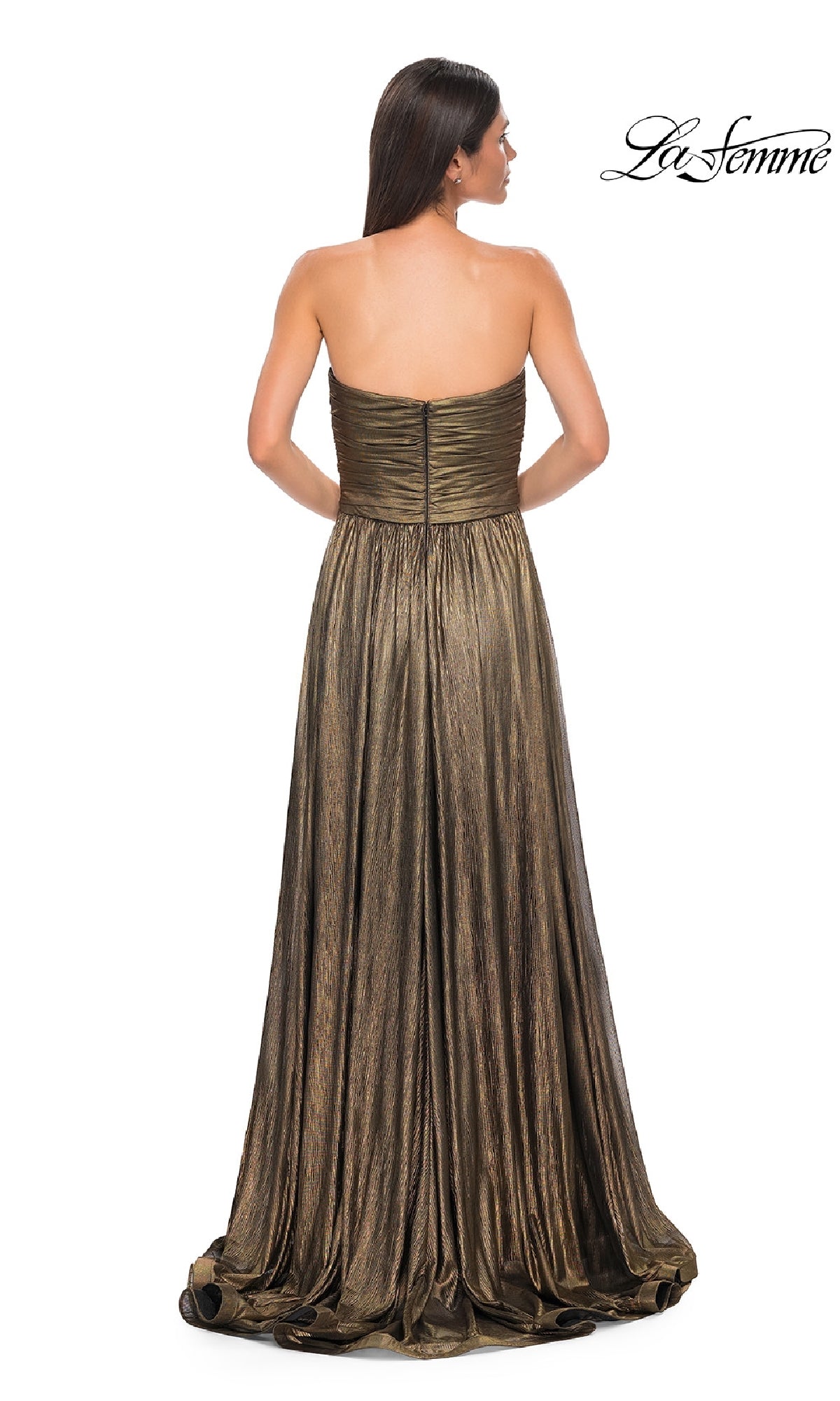 A woman with long dark hair is seen from the back wearing the Strapless Long Metallic Prom Dress: La Femme 32382, featuring a fitted bodice and flowing skirt. The La Femme logo is displayed in the top right corner.